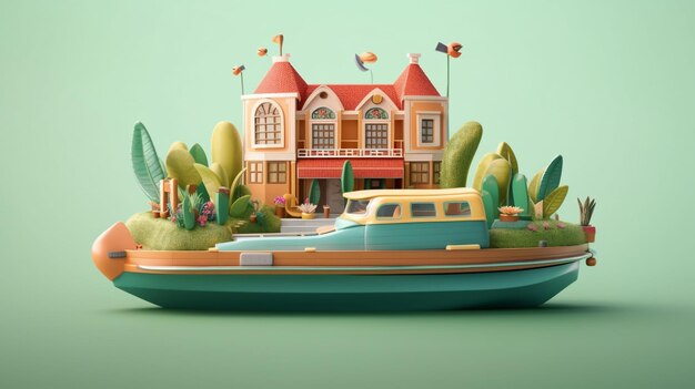 Un modello di una casa con una barca davanti