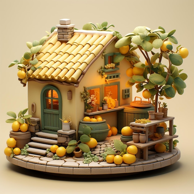 un modello di una casa con una casa davanti e un albero a destra.