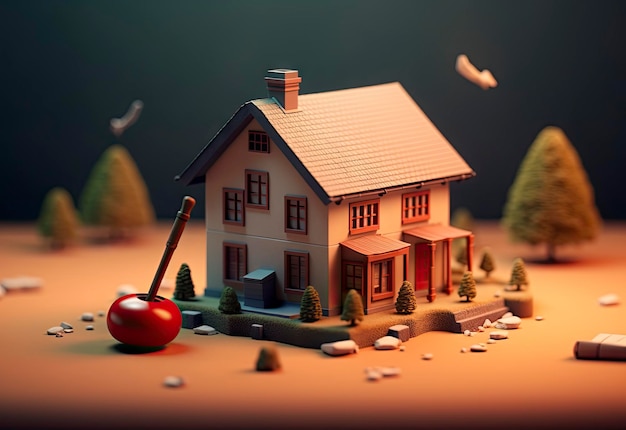 Un modello di una casa con una ciliegia sul tetto
