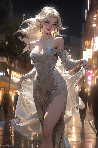 un modello di una donna in un vestito d'argento con i capelli lunghi