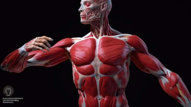 Un modello di una figura umana con i muscoli etichettati
