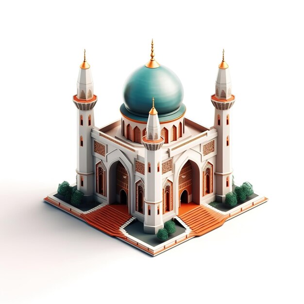 Un modello di una moschea con una cupola verde e una cupola blu.