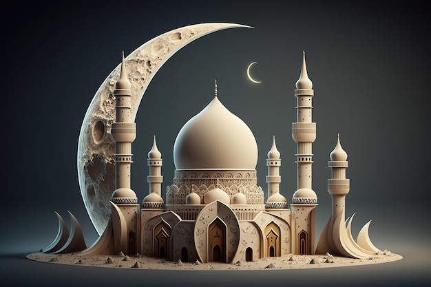 Un modello di una moschea con una falce di luna sullo sfondo.