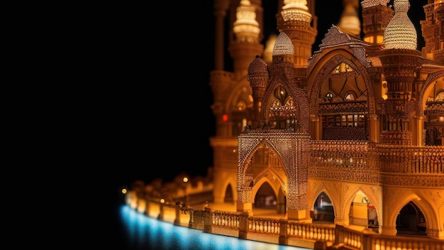 Un modello di una moschea con una luce blu illuminata.
