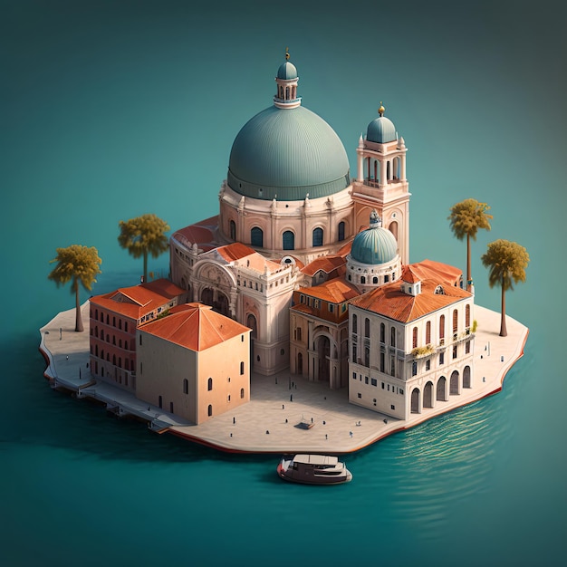 Un modello di una piccola isola con una cupola blu e un edificio con un tetto blu.