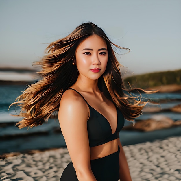 Un modello femminile in posa sulla spiaggia
