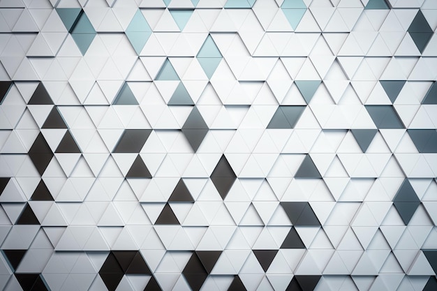 Un modello geometrico astratto di piastrelle triangolari 3D in tonalità di blu e grigio che raffigurano un concetto di design moderno su uno sfondo pulito Rendering 3D