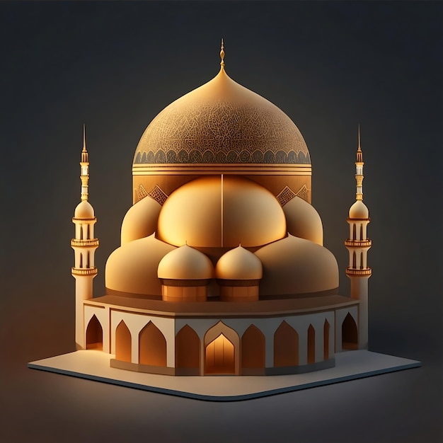 Un modello illuminato di una moschea con una cupola marrone su sfondo sfumato di generative ai