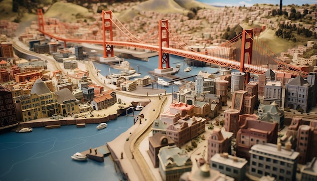 Un modello in miniatura dettagliato di San Francisco utilizzando diversi materiali, inclusi i terreni collinari della città