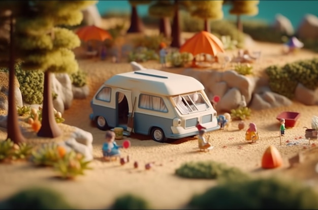 Un modello in miniatura di un camper su una spiaggia Immagine generativa AI