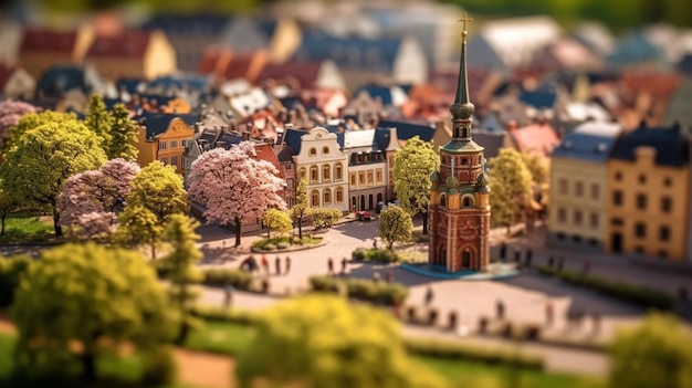 Un modello in miniatura di un piccolo paese con una chiesa al centro.