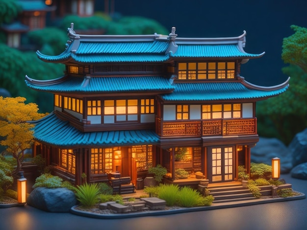 Un modello in miniatura di una casa giapponese con un piccolo giardino davanti