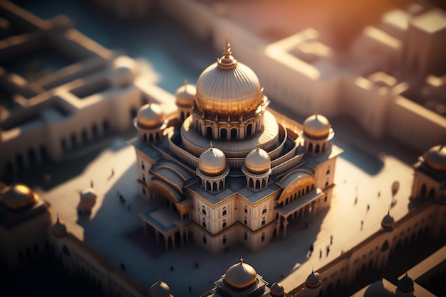 Un modello in miniatura di una moschea con una cupola dorata.