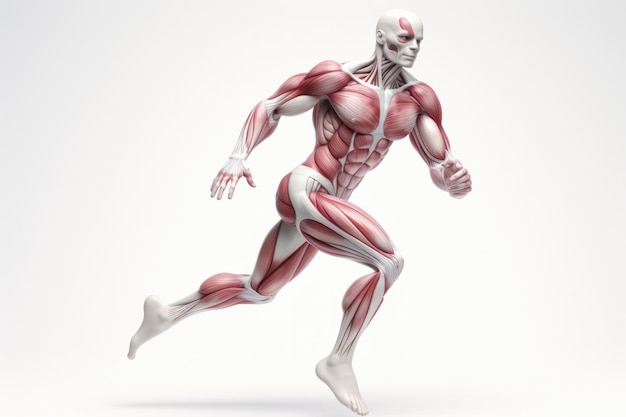 Un modello muscolare che corre su uno sfondo bianco Muscoli che corrono modellando uno sfondo Bianco Movimento Fitness