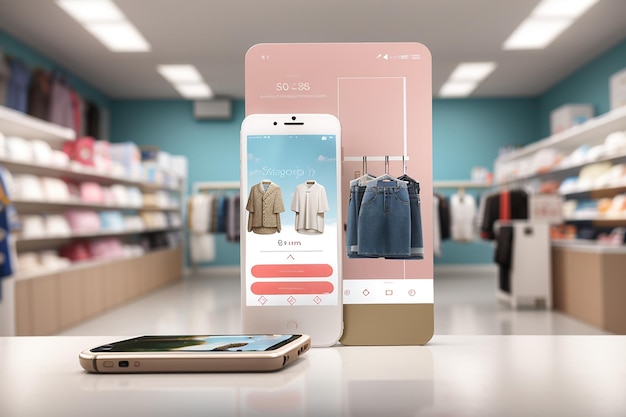 un modello paesaggistico di uno smartphone in un negozio al dettaglio che evidenzia la personalizzazione dello schermo per un'app di shopping di moda e abbigliamento