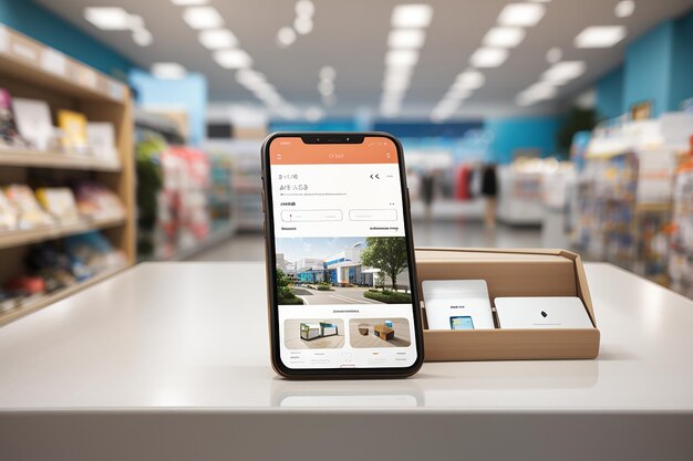 un modello paesaggistico di uno smartphone in un negozio al dettaglio che evidenzia la personalizzazione dello schermo per un'app di shopping