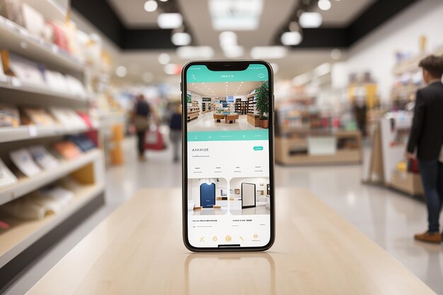 un modello paesaggistico di uno smartphone in un negozio al dettaglio che evidenzia la personalizzazione dello schermo per un'app di shopping