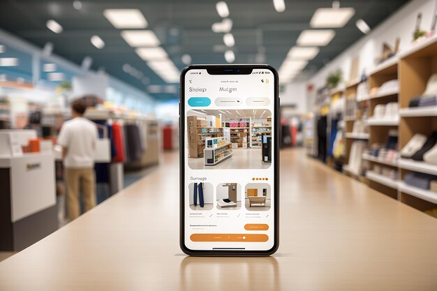 un modello paesaggistico di uno smartphone in un negozio al dettaglio che evidenzia la personalizzazione dello schermo per un'app di shopping