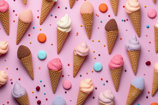 Un modello piatto giocoso di gelati assortiti su uno sfondo rosa tenue Un mix di coni gelato colorati