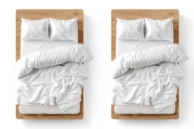 Un modello realistico di un materasso che mostra un lenzuolo bianco cuscini e piumetto Moderno modello realistico che mostra un letto bianco con un panno bianco mobili 3D per dormire separati su uno sfondo bianco