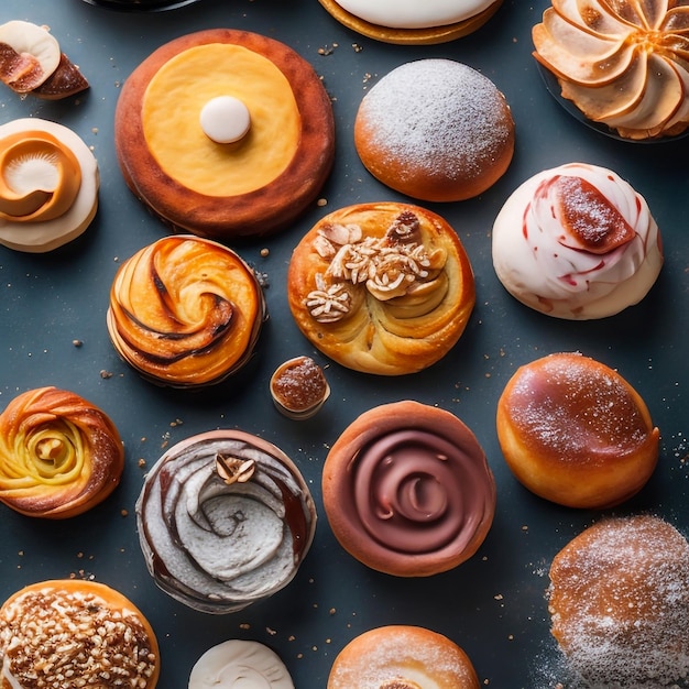 un modello senza cuciture a tema pasticceria vibrante e delizioso con palle di zucchero e fette di pasticceria