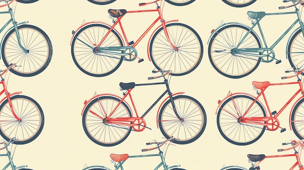 Un modello senza cuciture di biciclette d'epoca in rosso, blu e verde Le biciclette sono su uno sfondo crema