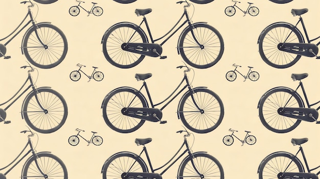 Un modello senza cuciture di biciclette d'epoca su uno sfondo crema Le biciclette sono tutte dello stesso modello con un telaio nero e ruote bianche