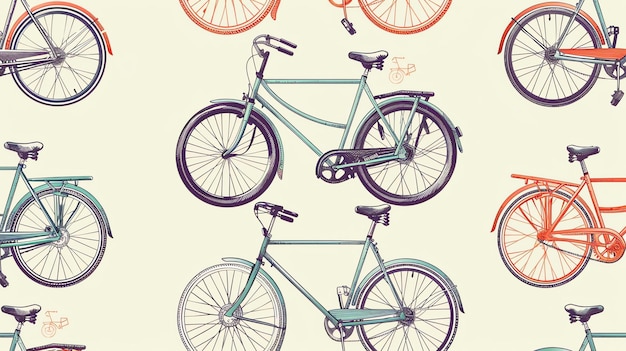 Un modello senza cuciture di biciclette disegnate a mano in stile vintage Le biciclette sono di vari tipi tra cui biciclette da città biciclette su strada e biciclette di montagna