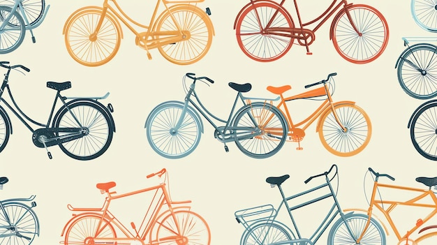 Un modello senza cuciture di biciclette in vari colori Le biciclette sono tutte disegnate in uno stile semplice dei cartoni animati e sono disposte in un modello ripetitivo