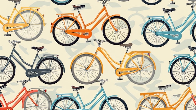 Un modello senza cuciture di biciclette in vari colori Le biciclette sono tutte in stile vintage con telai trasparenti e grandi ruote