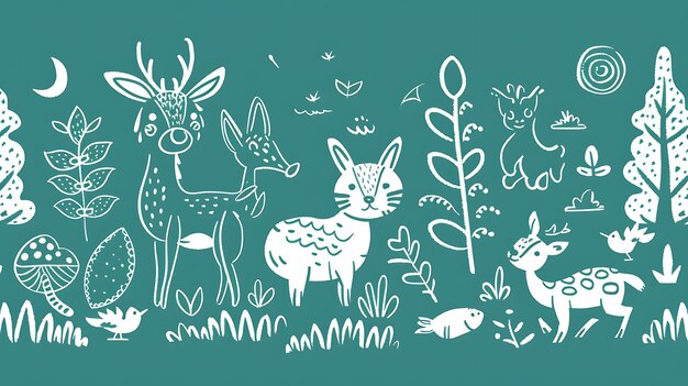 Un modello senza cuciture di carini animali e piante della foresta Il modello presenta conigli cervi e uccelli in un ambiente forestale