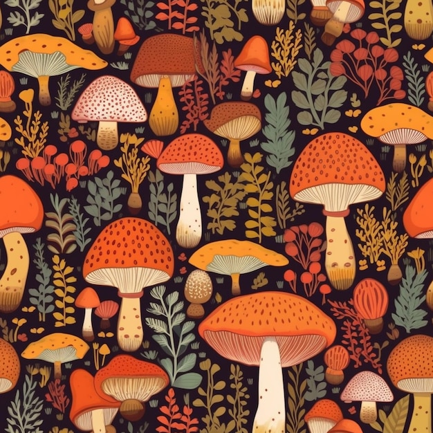 Un modello senza cuciture di funghi con colori diversi e le parole funghi.