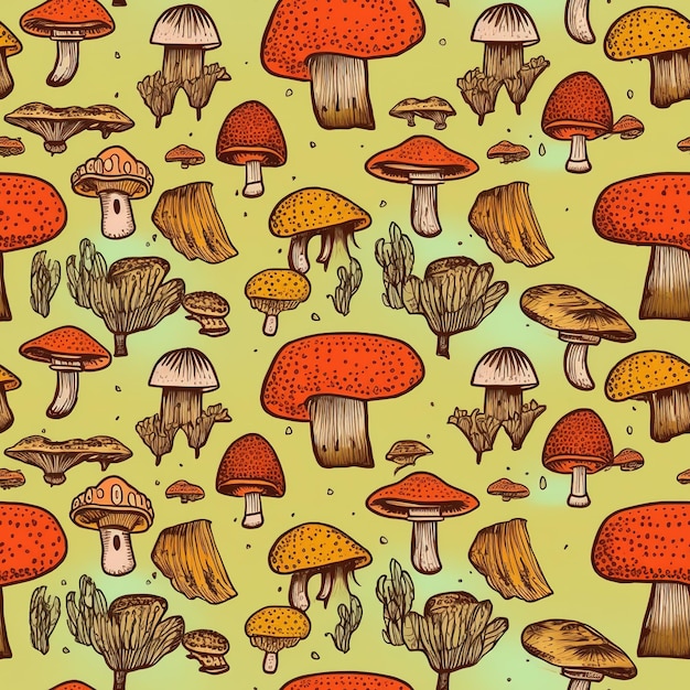 Un modello senza cuciture di funghi con uno sfondo giallo.