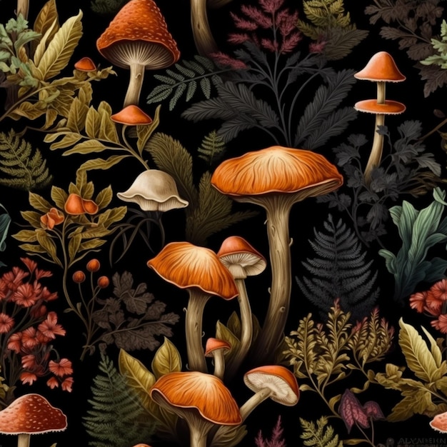 Un modello senza cuciture di funghi e piante.