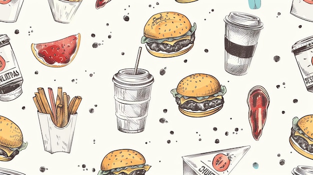 Un modello senza cuciture di illustrazioni di fast food disegnate a mano tra cui hamburger fritti melone caffè e soda