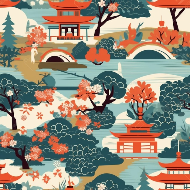Un modello senza cuciture di un paesaggio giapponese con pagode e alberi generativi ai