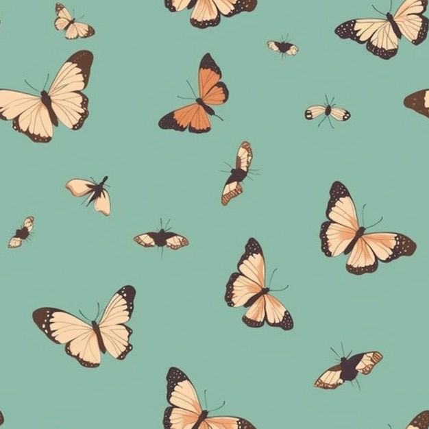 Un modello senza soluzione di continuità con le farfalle su uno sfondo verde menta