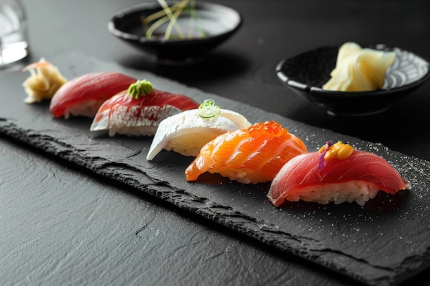 Un moderno assortimento di sushi elegantemente esposto su una lavagna nera