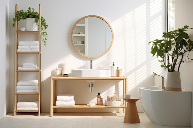 Un moderno bagno bianco presenta uno specchio circolare reso accompagnato da un lavabo e un legno