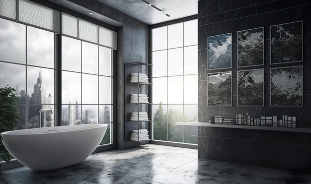 Un moderno bagno di colore grigio scuro con una finestra