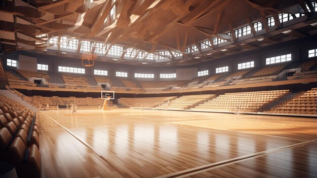 un moderno campo da basket con un pavimento in legno marrone