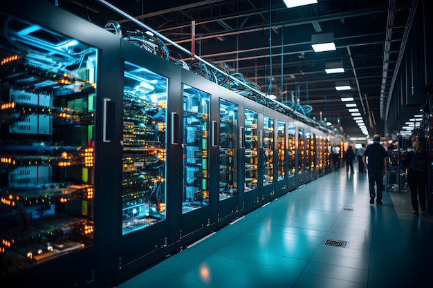 Un moderno data center con racks di server, sistemi di raffreddamento e tecnici che gestiscono il sistema digitale
