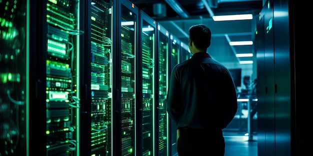 Un moderno data center con racks di server, sistemi di raffreddamento e tecnici che gestiscono l'infrastruttura digitale che alimenta il nostro mondo interconnesso