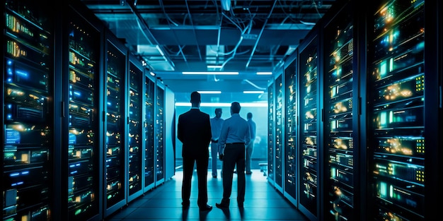 Un moderno data center con racks di server, sistemi di raffreddamento e tecnici che gestiscono l'infrastruttura digitale che alimenta il nostro mondo interconnesso