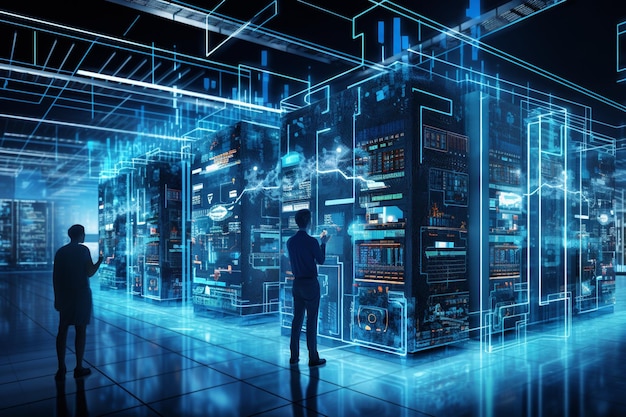 Un moderno data center con racks di server, sistemi di raffreddamento e tecnici che gestiscono le infrastrutture digitali