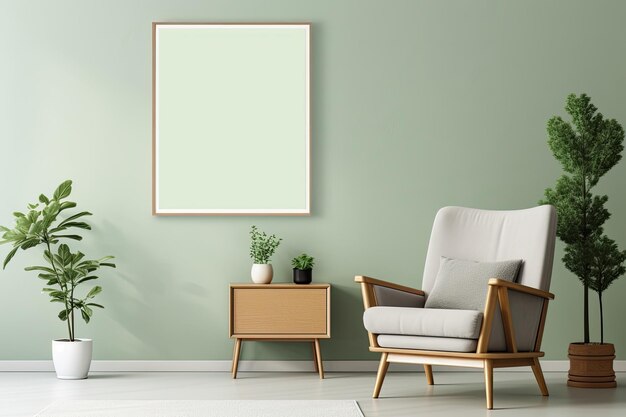 Un moderno e elegante design interno del soggiorno con una modella di telaio del poster poltrona soffice in legno
