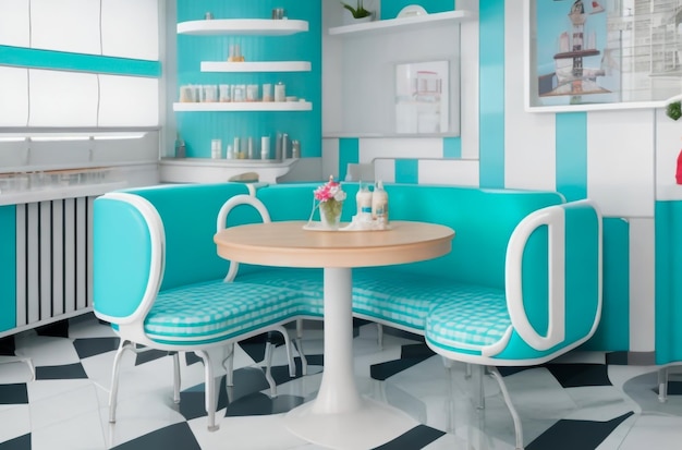 Un moderno ed elegante tavolo da pranzo blu nel ristorante