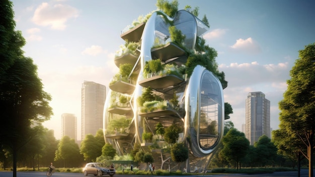un moderno grattacielo residenziale futuristico in vetro con forme fluide