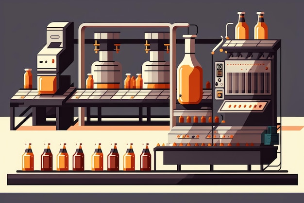 Un moderno impianto di imbottigliamento con nastri trasportatori che movimentano le bottiglie e robot che le selezionano