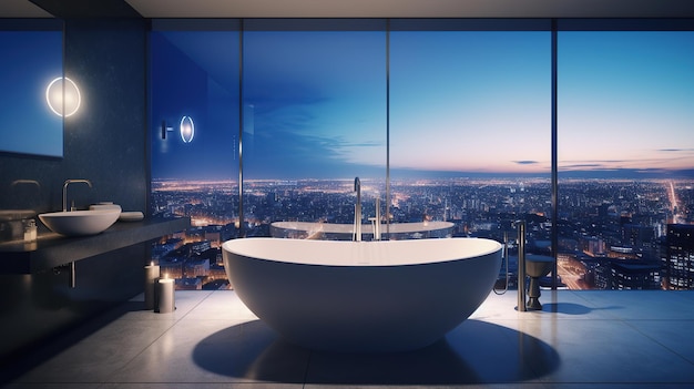Un moderno interno del bagno con una splendida vista sullo skyline urbano durante l'ora blu
